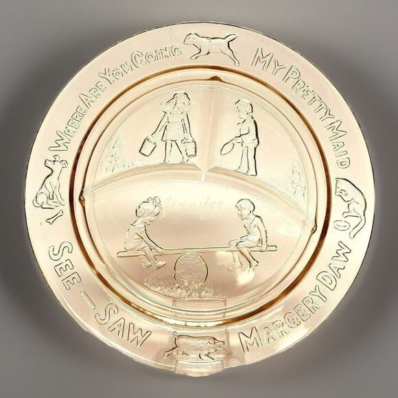 Tierra Pink Divided Plate Depression Glass 8.5" Mother Goose Engraved JENNIFER - Picture 1 of 6